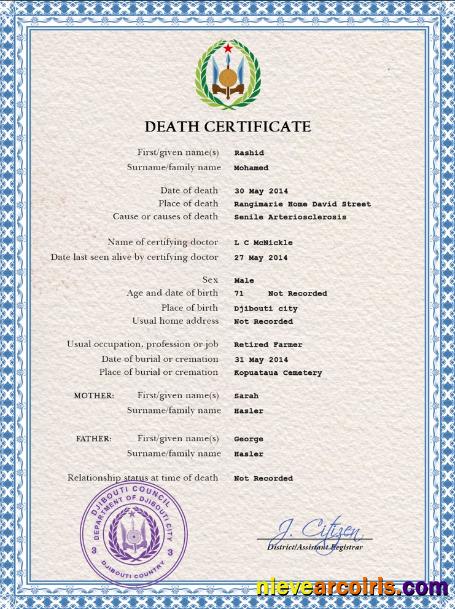 Djibouti death certificate